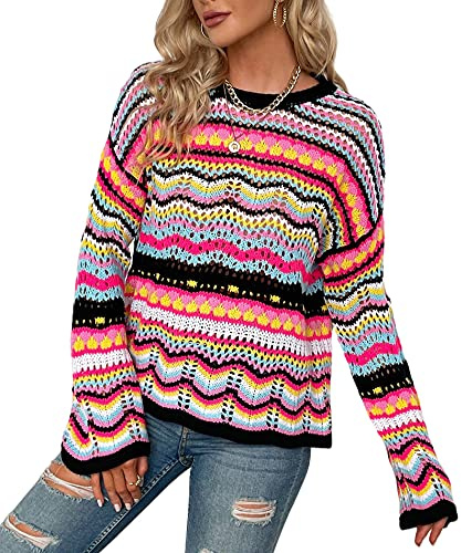 HAHAEMMA Jersey de punto de ganchillo para mujer, con diseño de arcoíris y rayas, de manga larga y con contraste de color, para otoño e invierno, Negro , S
