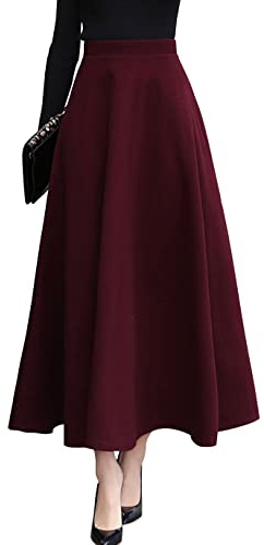 ebossy Women's Vintage High Waist Wool Blend Plaid A-Line Long Maxi Skirt with Pocket (Medium, Pure Wine-red)