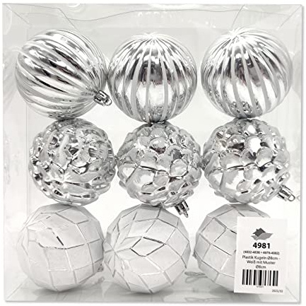Kunststoff Weihnachtskugel Ø 8cm weiß Silber Deko Christbaumschmuck 1 Set - 9 Kugeln