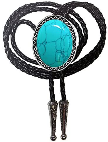 Himongoo Cravate en jade agate et granit turquoise pour homme et femme, corde en cuir, chaîne de mariage, cravate de cowboy occidental, Turquoise., L