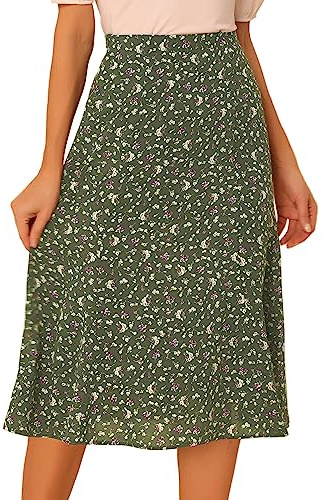 Allegra K Women's Floral Midi Skirt Peasant Elastic Waist A-Line Ditsy Leave Print Skirts Medium Army Green