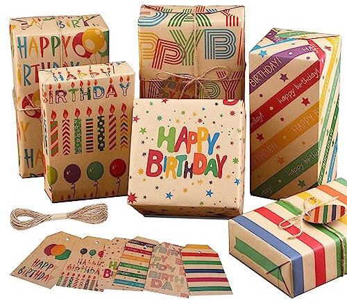 Jatidne Birthday Wrapping Paper Sheets with Tags for Kids Retro Kraft Recyclable Gift Wrap 6 Sheets