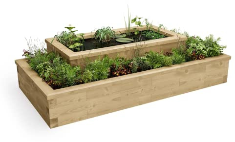 WoodBlocX Raised Pond Kit- Wooden Garden Pond With Planters For Fish, Plants & Other Wildlife. Outdoor Water Features For The Garden- No Power Tools Needed, Includes Liner- (2.25 x 1.5 x 0.55m)