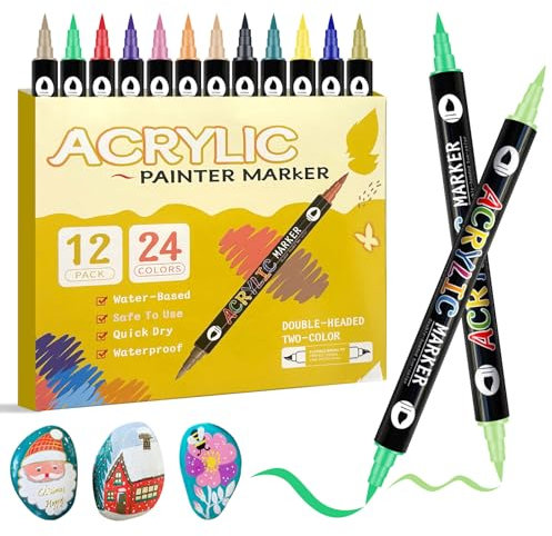 XZGm Acrylstifte für Steine Wasserfest,12 Stück in 24 Farben Steine Bemalen Stifte, Doppelköpfig Und Doppelfarbig Acrylmarker für Glas,Kunststoff, Leinwand,Holz,Felsen,Keramik