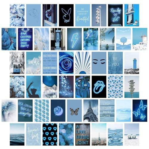 HsentimenH Estetiska Vägg Collage Bilder 50 Stycken, Estetiskt Vägg Collage Kit Blått, Korttryck, Rumsdekoration för Flickor