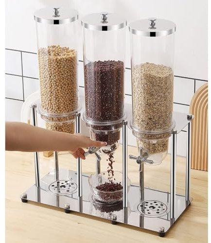 Dispensador de alimentos secos de acero inoxidable, contenedor de triple control para cereales, frutos secos, dulces, aperitivos, 10.5 L, autoservicio y recargable, opción conveniente y duradera