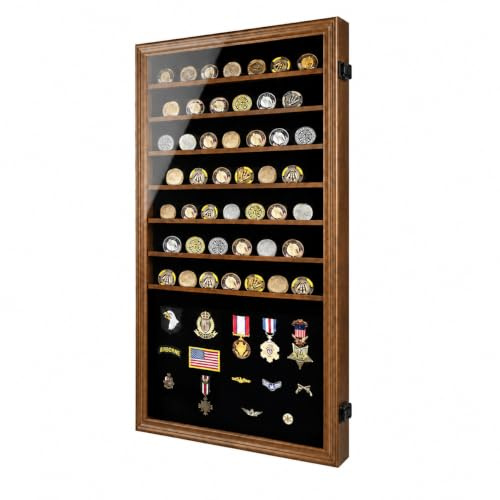 Jinchuan Military Challenge Coin Display Case Lockable Cabinet Rack Shadow Box with Removable 2 Grooves Shelves and Anti Fade Acrylic Glass for Casino Poker Chips Collectibles, Extra Large - Walnut