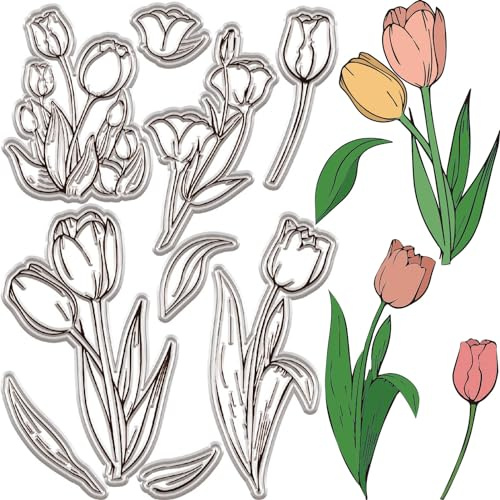 CRASPIRE Tulpaner bakgrund klara gummistämplar blomma löv vintage genomskinliga silikontätningar stämpel blommor för gör-det-själv hantverk scrapbooking journalföring korttillverkning fotoalbum