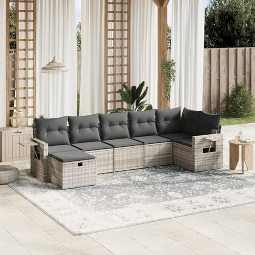 Homgoday Juego de 7 muebles de jardín con cojín, salón de balcón, muebles de jardín, sofá de jardín, balcón, sofá de jardín, conjunto de asientos, sofá de balcón, muebles de jardín, gris claro