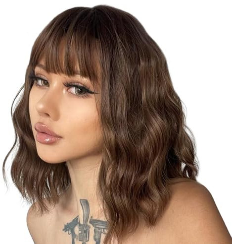 JSTHHTT 14 Pouce Perruque Brune Ondulée avec Frange, Naturelle Synthétique pour le Port Quotidien de Cosplay Party (Brun)