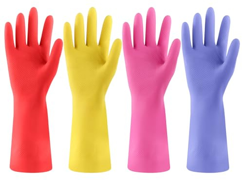 FCTTD Rubber Kitchen Dishwashing Gloves - 4 Pairs Colorful Reusable Cleaning Gloves for Kitchen Washing Dishes and Household Cleaning(Large)