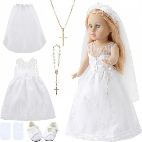 RoundFunny 7 Pcs 18 Inches American Doll Clothes Outfit First Communion Dress with Matching Headband Veil Bracelet Shoes Socks Necklaces Fit 18 Inches Dolls, Doll Not Included (Veil)