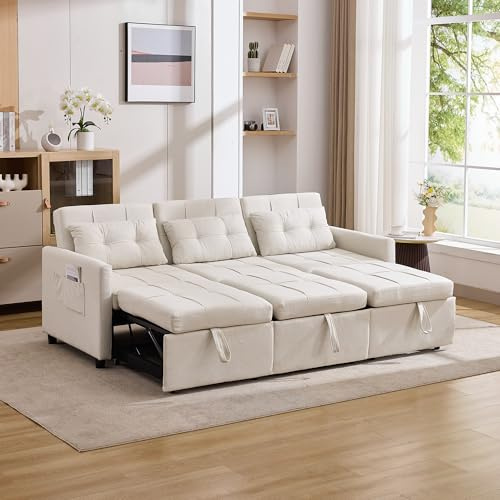YuQozii Sofá cama moderno de 3 plazas con función de dormir, adecuado para salón y dormitorio, respaldo ajustable hasta 180°, sofá de almacenamiento plegable con bolsillos laterales (beige)