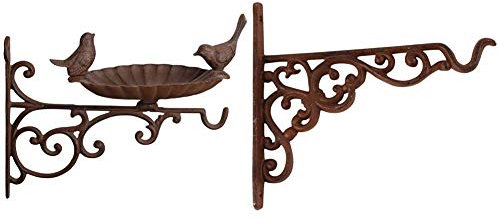 Esschert Design Wandfutterschale Gußeisen, braun, 23.6x28.1x23.4 cm, FB163 & Hängevorrichtung, Haken für Hanging Basket S, Rostbraun, 20.5x2.1x17.8 cm, BPH28