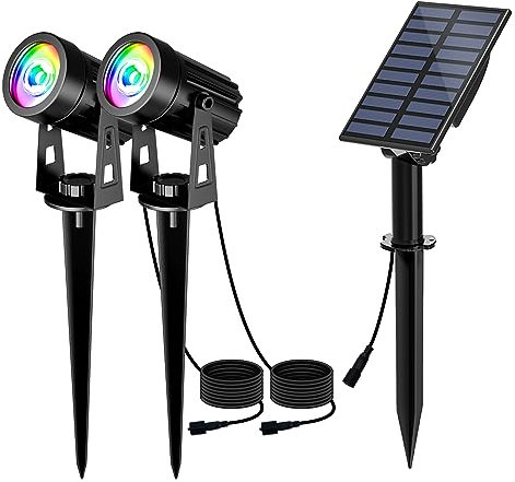 T-SUN Luces Solares Led Exterior Jardin, 2 en 1 LED Foco Solar con RGB 6 Cambio de Color 2 Nivels Brillo Ajustables Impermeable 270º Gran Angular de Luz Iluminación para Camino Césped Entrada.