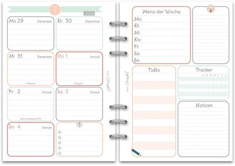 SinnWunder® Premium Kalendereinlagen 2026 - Wochen-Kalender - 1 Woche 2 Seiten mit Tracker- Größe Din A5 - Filofax-Lochung