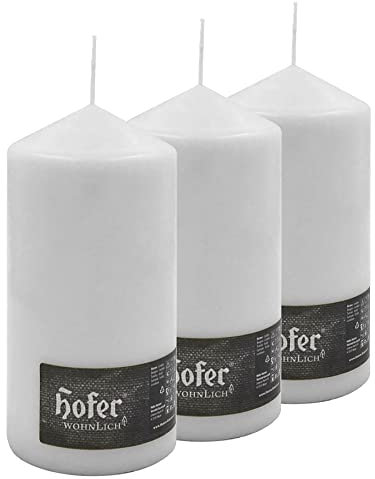 Hofer - Stumpenkerzen Säulenkerzen, 3 Stück Set, Lange Brenndauer ca. 110 Stunden, Durchmesser 10 cm, Höhe 20 cm, Farbe Weiß, Tropffrei Wachskerzens, kein Duft, Hergestellt in Österreich