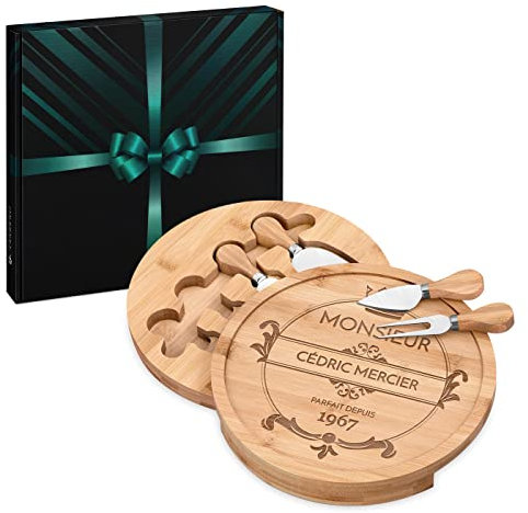 Maverton Plateau à Fromage Personnalisé - 25 cm - Planche à Fromage avec Les Accessoires - Cadeau Homme - Cadeau Anniversaire Homme - Cadeau Personnalisé - Monsieur