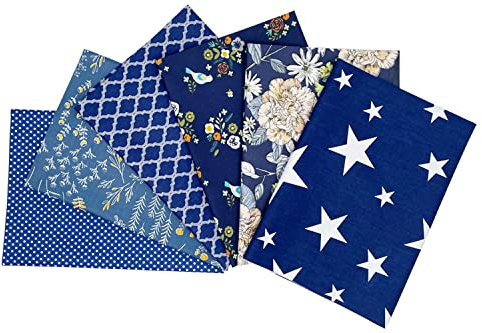 Jukway 6 Piezas Tela de Algodón Sarga 50 x 50 cm Telas para Mascarillas Patchwork Tejido Patrones Impresos Textiles para Costura, Acolchado, Decoración de Bricolaje, Artesanales (Azul Marino)