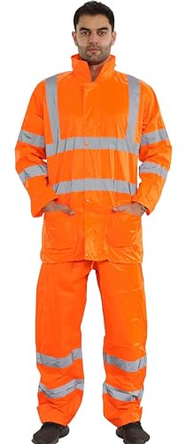 kraftd Hi Vis Waterproof Rainsuit 2 Piece Jacket & Trousers Set – High Visibility Workwear Safety Rain Suit Overalls Protective Clothing Outdoor Work Unisex Lightweight Tracksuit