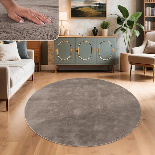Paco Home Teppich Wohnzimmer Kunstfell weich waschbar modern elegant pflegeleicht Felloptik Uni Seidenglanz flauschig Hochflor, Grösse:120 cm Rund, Farbe:Taupe