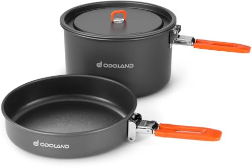 Odoland Camping Cookware Mess Kit, Non-Stick Lightweight Camping Pot and Fry Pan Set with Mesh Bag for Backpacking, Outdoor Cooking and Picnic, for 1-2 People