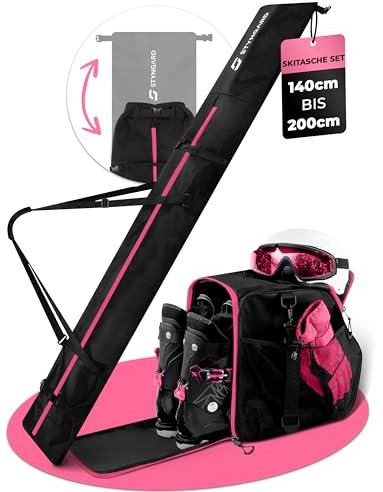 STYNGARD Skitasche Set Skisack [140 cm bis 200 cm] und Skischuhtasche mit Helmfach [40 L] - Skitasche und Stiefeltasche mit Lüftungsgitter Modell Vancouver (SCHWARZ-PINK)