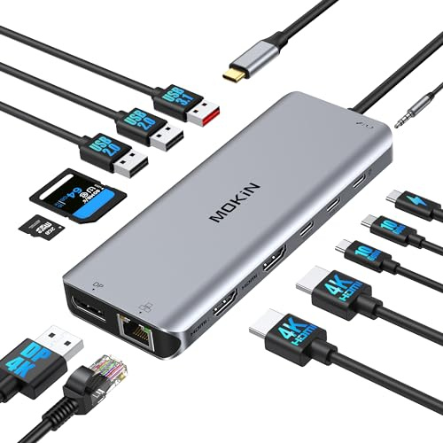 MOKiN Estación de Acoplamiento USB C, 3 monitores, concentrador USB C, portátil, Doble Monitor, Adaptador multipuerto, 2 HDMI, DisplayPort, Carga PD, Ethernet, 5 Puertos USBC/A, MicroSD/SD