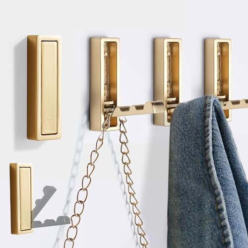macikwon Foldable Gold Wall Hooks 4 Pack,Heavy Duty Wall Hooks for Hanging Coats Towels Backpacks Bags Brushed Gold Towel Hooks in The Bathroom,Closet,Entryway,Pool and Kitchen.(Gold, 4)