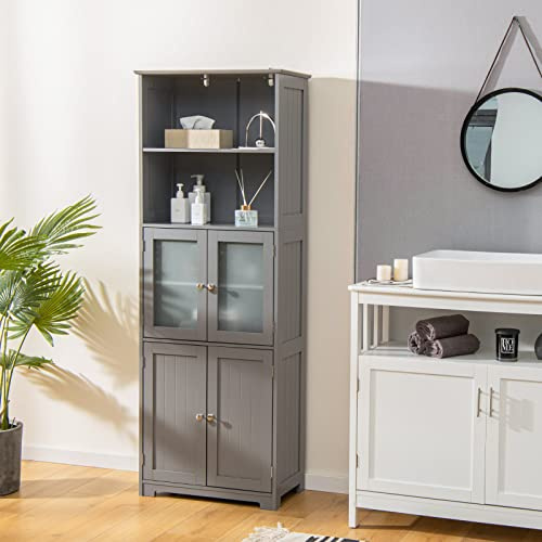 COSTWAY Meuble de Salle de Bain à 4 Portes 2 Compartiments Ouverts, Colonne Salle de Bain Armoire Haute avec Étagères Réglables pour Salon, Cuisine, 60 x 30 x 163 cm, Gris