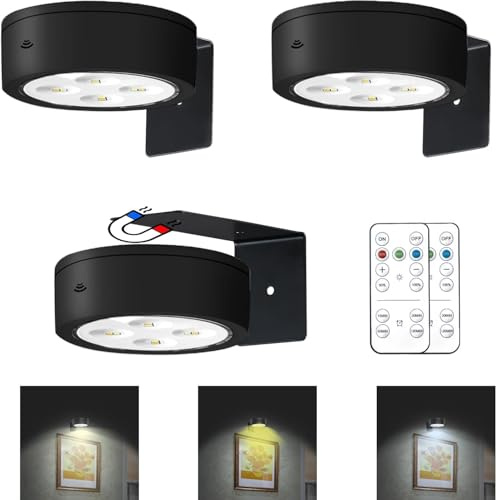 3Pcs Battery Operated Picture Light, Magnetic Painting Light with Remote, Dimmable Timer Art Display Light with 3 Light Modes for Dartboard Frame Picture Portrait,Wireless Wall Decor Puck Lights