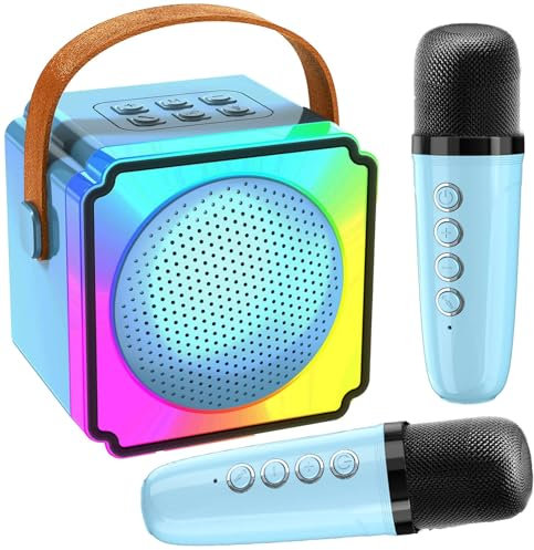 Joycome Máquina de Karaoke con 2 Micrófonos Inalámbricos, Altavoz Efectos Cambiador de Voz y Luces LED, Karaoke Completo Portátil Soporte Tarjeta TF, AUX, USB para Infantil, Adultos - Azul
