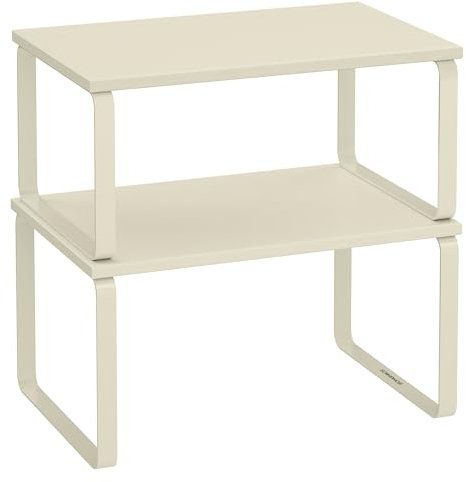 SONGMICS Gewürzregal, 2er Set Küchen-Organizer, Küchenregal, Schrank-Organizer Küche, erweiterbar, kleines Regal, stapelbar, Metall und Holzwerkstoff, cremeweiß KCS002W02