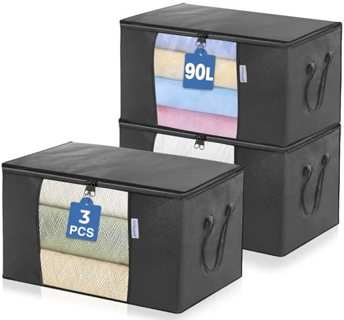 ACRALI HOME 90L Large Storage Bags with Zips- 3 Pack Foldable Clothes Storage Bag Organizer, Reinforced Handle and Transparent Window, Breathable Thick Fabric for Comforters, Blanket and Bedding- Grey