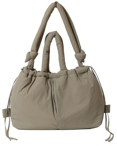 LYEAA Bolsa de mano acolchada para mujer con correa ajustable, bolsa cruzada grande de nailon, bolso hinchado para compras y viajes, Khaki, 14.17x13.39x0.79inch