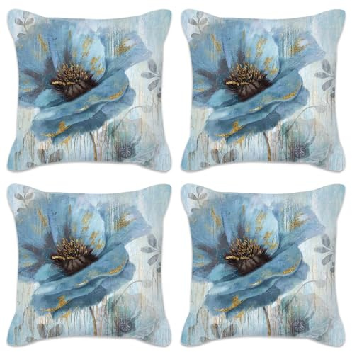 Betadistor Blue Cushion Covers 45x45 Set of 4, Blue Flowers Pillow Covers 18x18 in Pillow Case Decorative for Living Room Cushion,Blue Flowers, 512-0241