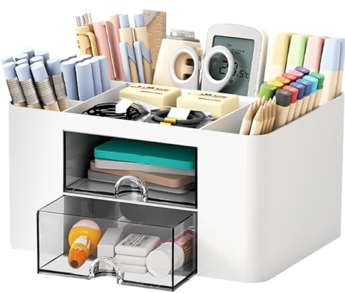 Organisateur de Bureau avec 5 Compartiments et 2 Tiroirs, Rangement Bureau Organisateur en Plastique, Multifonctionnel Desk Organizer pour les Fournitures, Articles de Papeterie et Accessoires (Blanc)