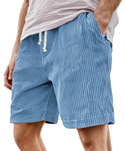 Foweknow Pantaloncini in velluto a coste da uomo, vintage, con ricamo, bermuda, da uomo, in vita elasticizzata, comodi, casual, da spiaggia, con tasche, corduroy, tinta unita