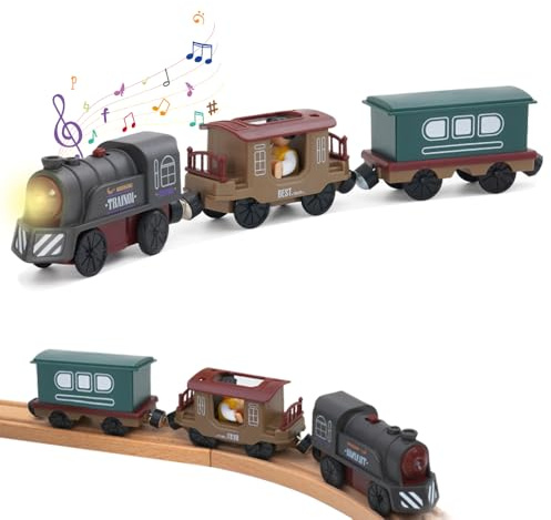 Battery Operated Train for Wooden Track, 3Pcs Train Toy Set, Battery Operated Light Up Train Toys, Motorized Train Accessories with Sound and Light, for 3 + Toddler Kids Birthday Christmas