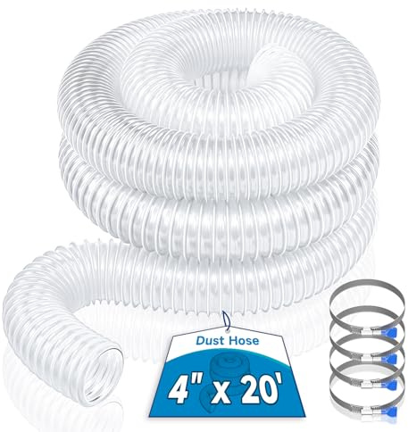 Hon&Guan 4 x 20' Dust Collection Hose, 4 Inch Flexible Clear PVC Dust Collector Hose with Carbon Steel Wire for Woodworking Dust Collecting System, Includes 4 Hose Clamps