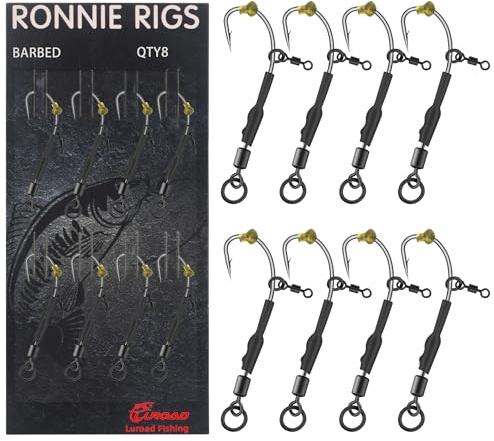 Lot de 8 Ronnie Rigs avec Émerillons – Hameçons Courbés avec Ardillon, Revêtus de Téflon pour la Pêche de la Carpe avec Montages à Cheveu，Taille 4,6,8,10