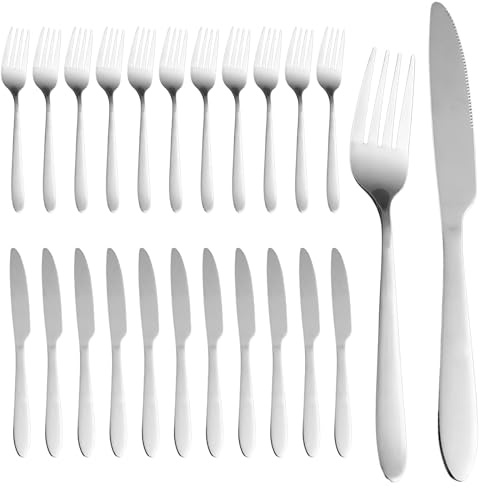 Set di 24 posate da bistecca, in acciaio inox, per 12 persone, coltelli e forchette, coltelli da tavola e forchette, lucidati e lavabili in lavastoviglie, set di posate per casa, feste, ristoranti