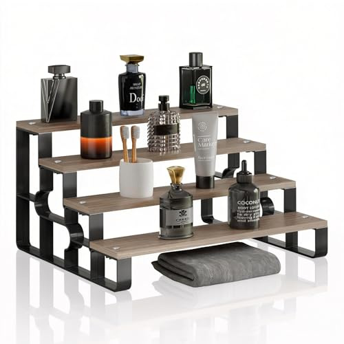 USHARP Perfume Stand for Men,4 Tier Cologne Organizer,Display Shelf Stands for Dresser,Wooden Shelf Display Risers for Party,Makeup,Figures,Cupcake,Dessert(Walnut,Width=14)
