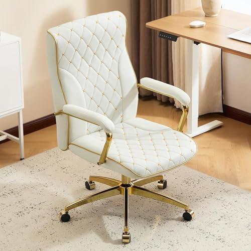 Ckaff Sedia Ufficio Ergonomica, Poltrona Direzionale in Pelle PU, Sedia da Ufficio con Seduta Ampia, Sedie Scrivania Reclinabile Girevoli Altezza Regolabile 136kg, Bianco