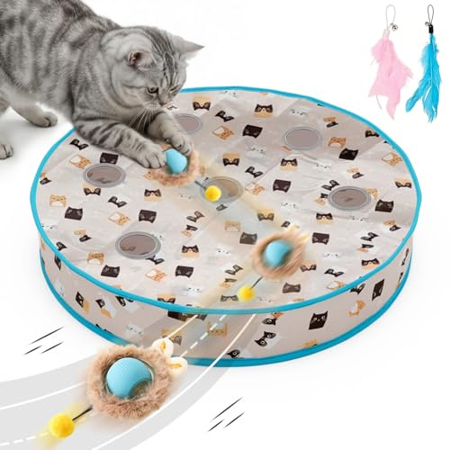Sarvvte Cat Toys, Interactive Cat Toys for Indoor Cats,7 Holes Maze Mat Automatic Moving Ball Kitten Toys in Pouch, Feather Tail, Touch Activation
