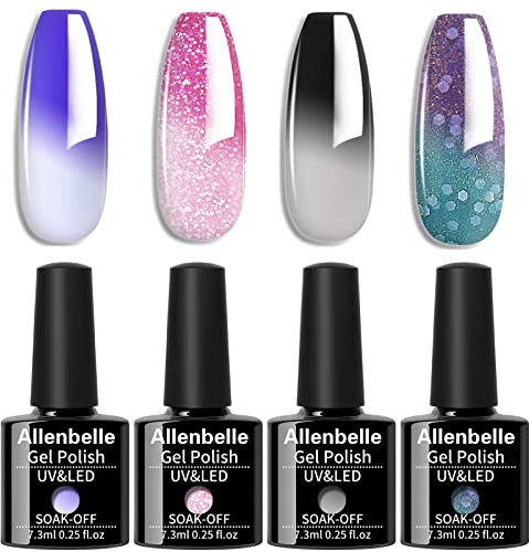 Allenbelle Colour Changing Gel Nail Polish Set Blue Pink Red Purple Black to Milk Colour Changing Gel Polish Set Mood Chameleon Soak Off UV LED Thermal Temperature Art Manicure Kit 053