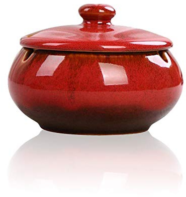 Lependor Cendrier en céramique avec couvercles, coupe-vent, cendrier à cigarettes pour une utilisation intérieure ou extérieure, porte-cendres pour la décoration de la maison des fumeurs - Rouge