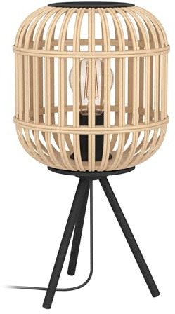 EGLO Tischlampe Bordesley, 1 flammige Tischleuchte Vintage, Natur, Boho, Hygge, Nachttischlampe aus Stahl in Schwarz und Holz in Naturfarben, Wohnzimmerlampe, Lampe mit Schalter, E27 Fassung