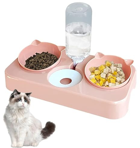 BAYINBROOK 3 en 1 Cuenco del Gato, Cuenco Doble para Mascotas, Comedero para Perro Gato, Agua de Gravedad y Cuenco de Comida Doble para Mascotas como Perros y Gatos (Rosado)