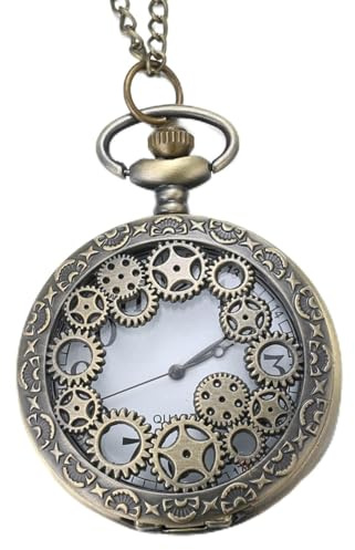 HALUKAKAH Hombres Reloj de Bolsillo con Cadena Cuarzo Vintage Patrón de Rueda Dentada Escala de Números Romanos, con 2 Cadenas Set Cadena de Bolsillo+Collar, Caja de Regalo